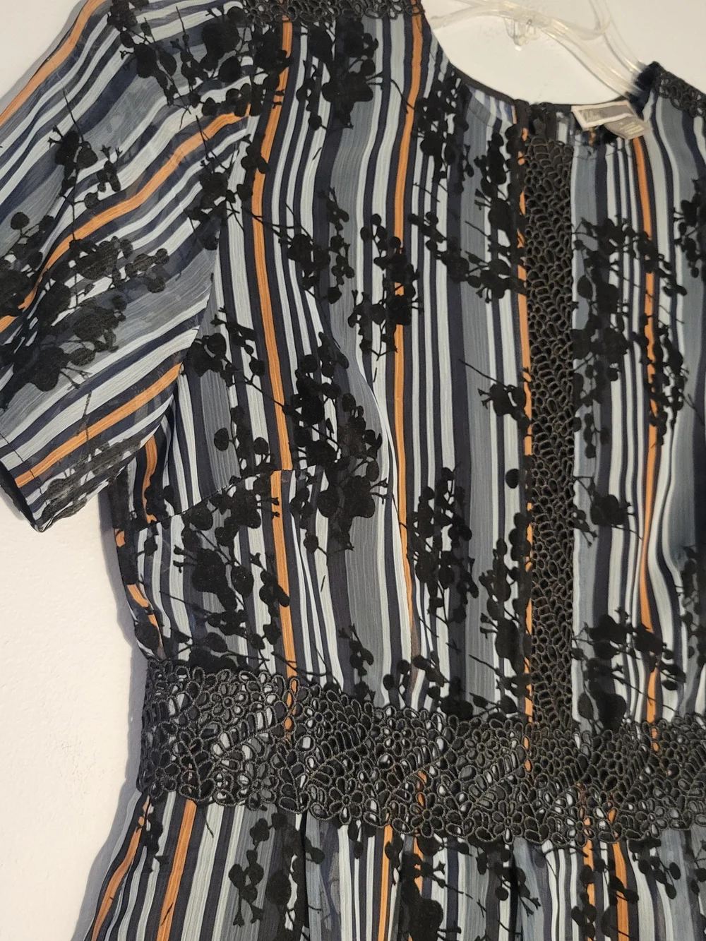 Chelsea28 Black and Blue Vertical Stripe Short Sleeve Lace Detail Dress Size S